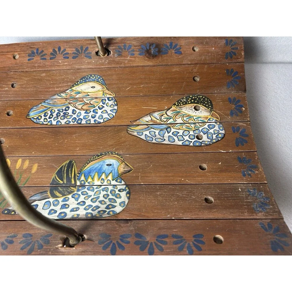 VTG Handmade Hand Painted Mallard Duck Magazine Fireplace Basket Metal Handle